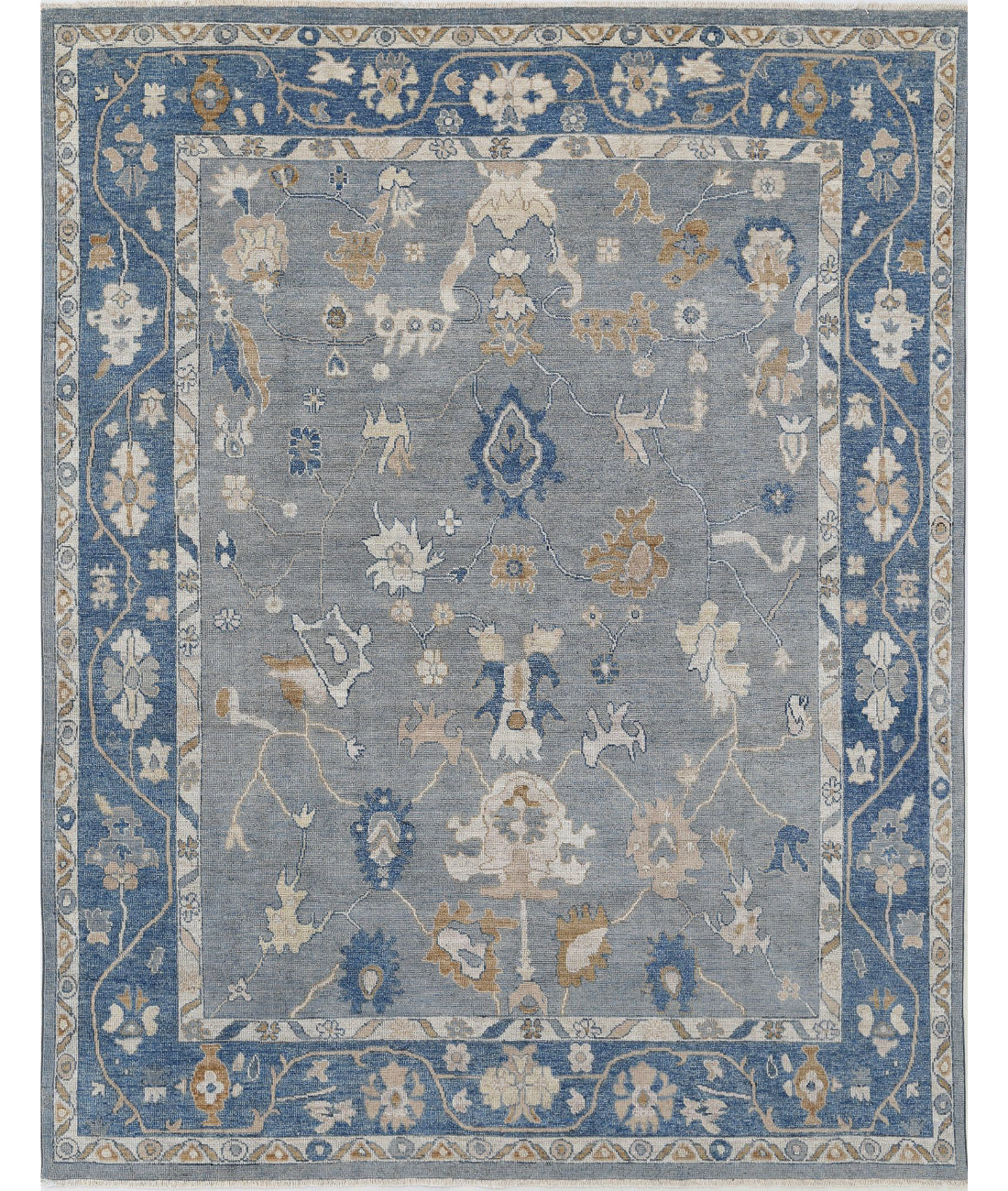 Hand Knotted Oushak Wool Rug - 8'0'' x 9'10'' 8'0'' x 9'10'' (240 X 295) / Grey / Blue