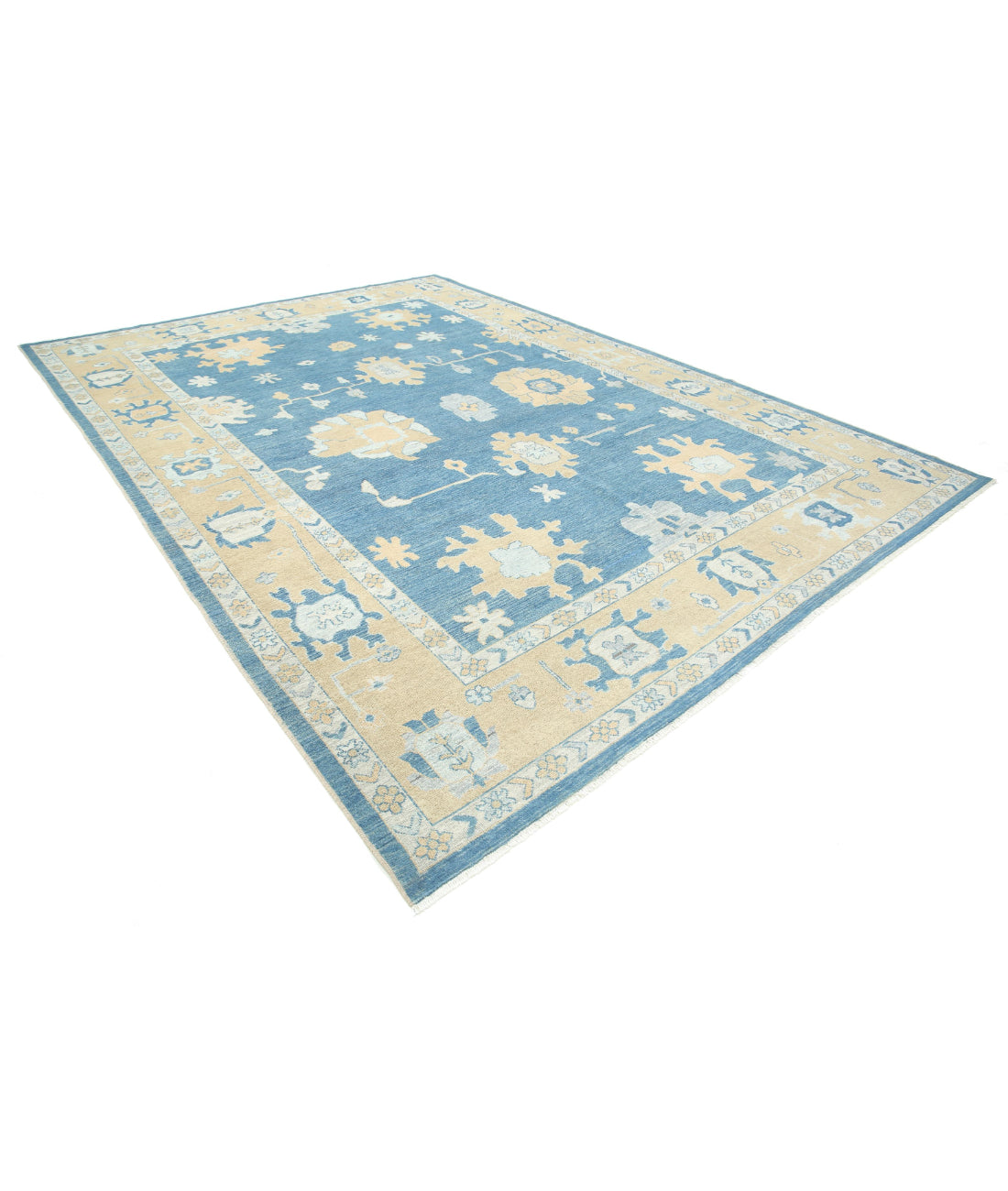Hand Knotted Oushak Wool Rug - 9'10'' x 13'8'' 9'10'' x 13'8'' (295 X 410) / Blue / Taupe