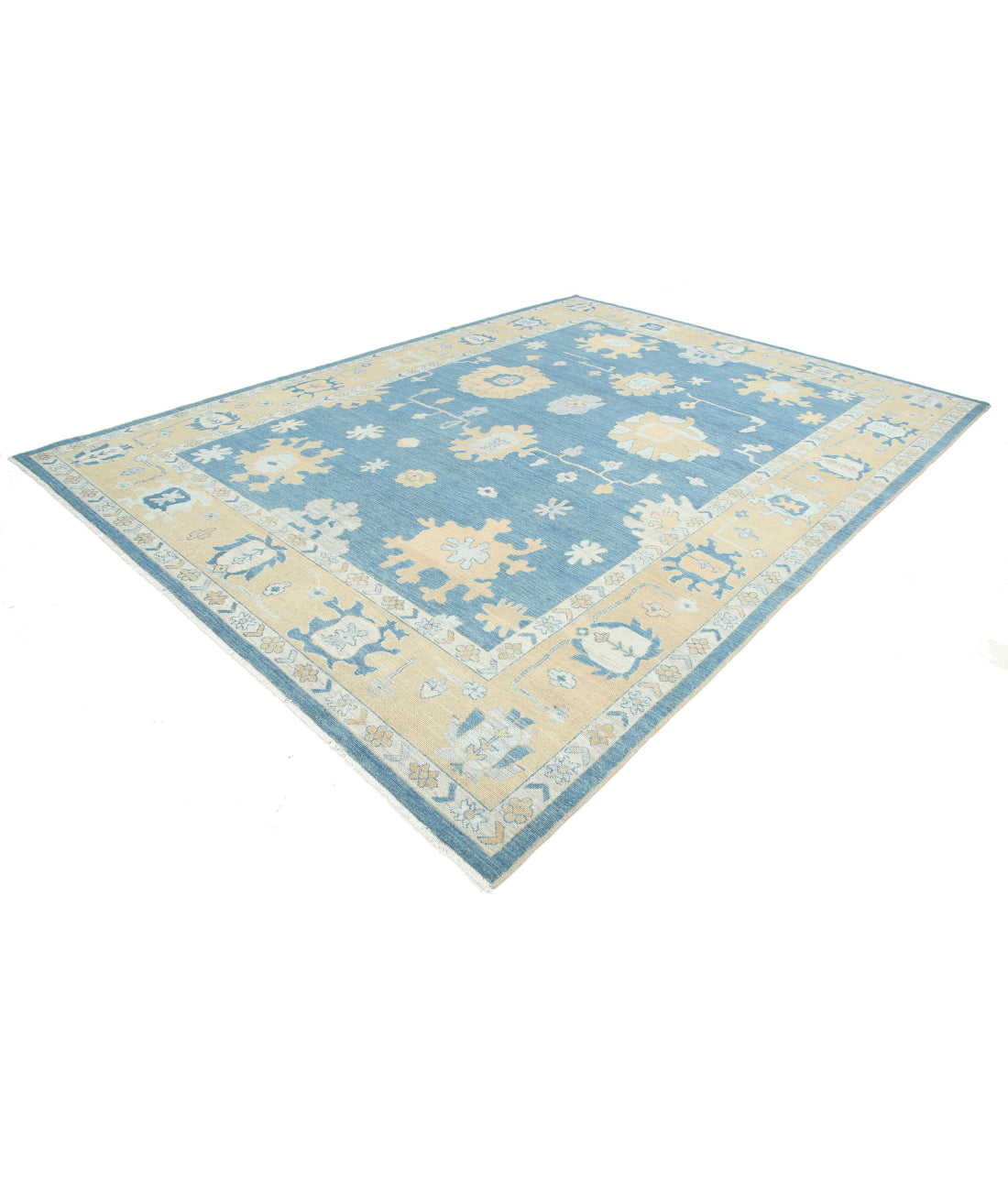 Hand Knotted Oushak Wool Rug - 9'10'' x 13'8'' 9'10'' x 13'8'' (295 X 410) / Blue / Taupe
