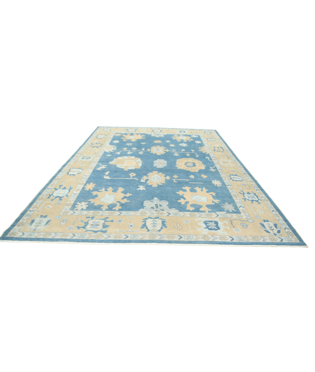 Hand Knotted Oushak Wool Rug - 9'10'' x 13'8'' 9'10'' x 13'8'' (295 X 410) / Blue / Taupe