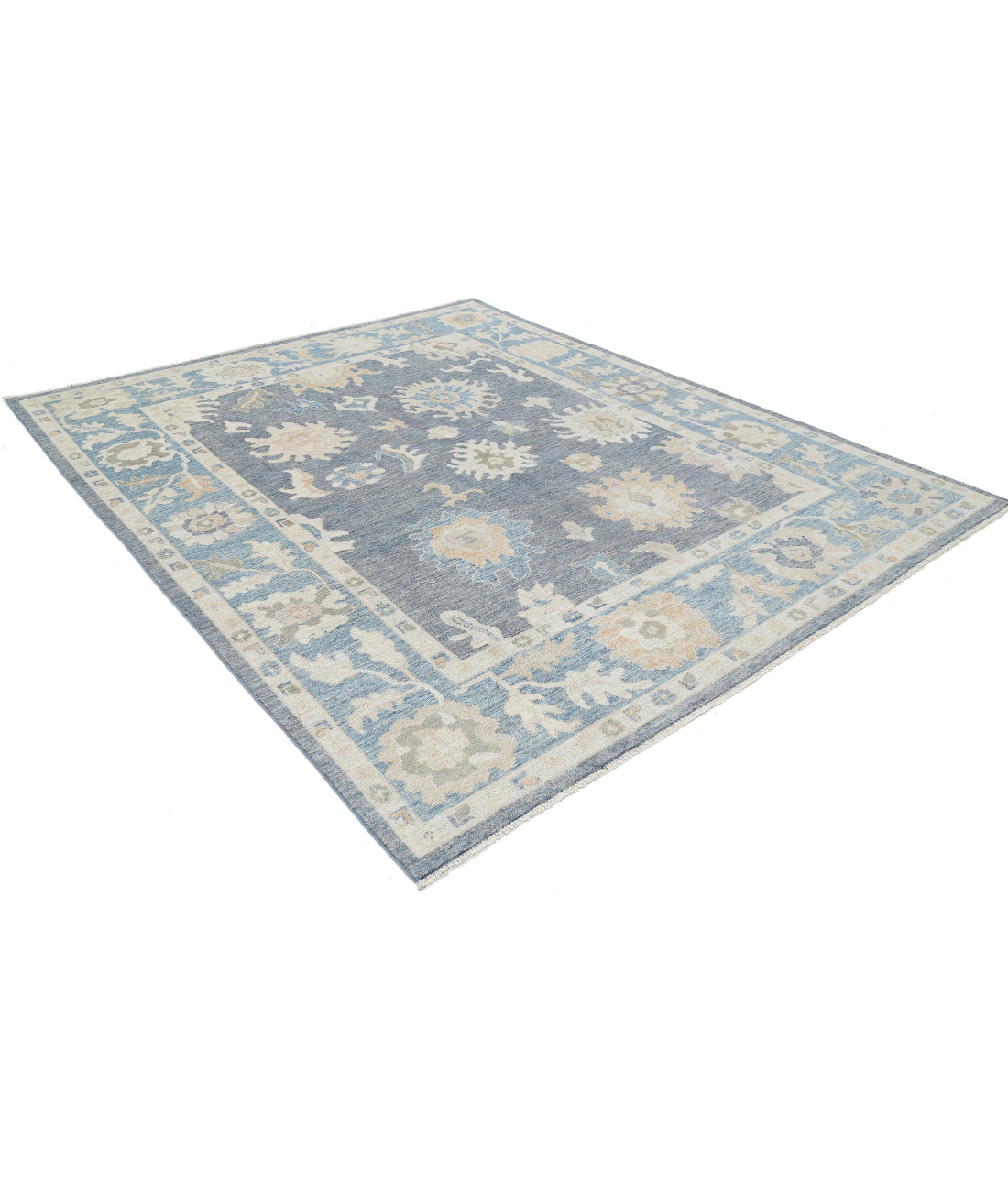 Hand Knotted Oushak Wool Rug - 8'0'' x 9'10'' 8'0'' x 9'10'' (240 X 295) / Grey / Blue