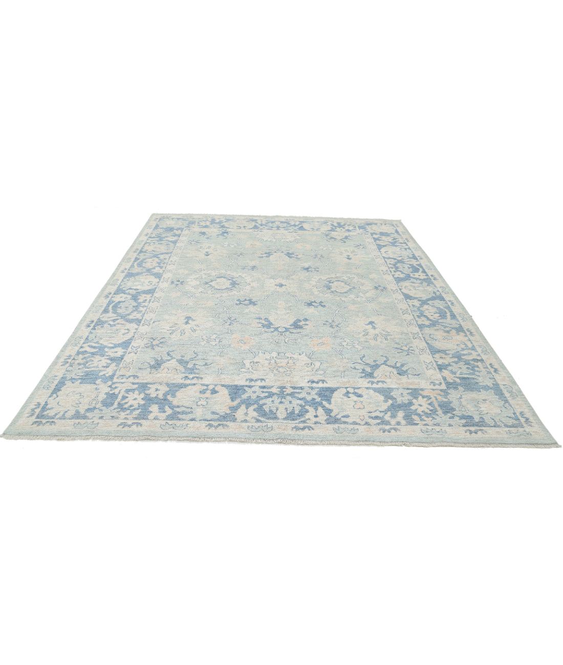 Hand Knotted Oushak Wool Rug - 8'2'' x 9'10'' 8'2'' x 9'10'' (245 X 295) / Green / Blue