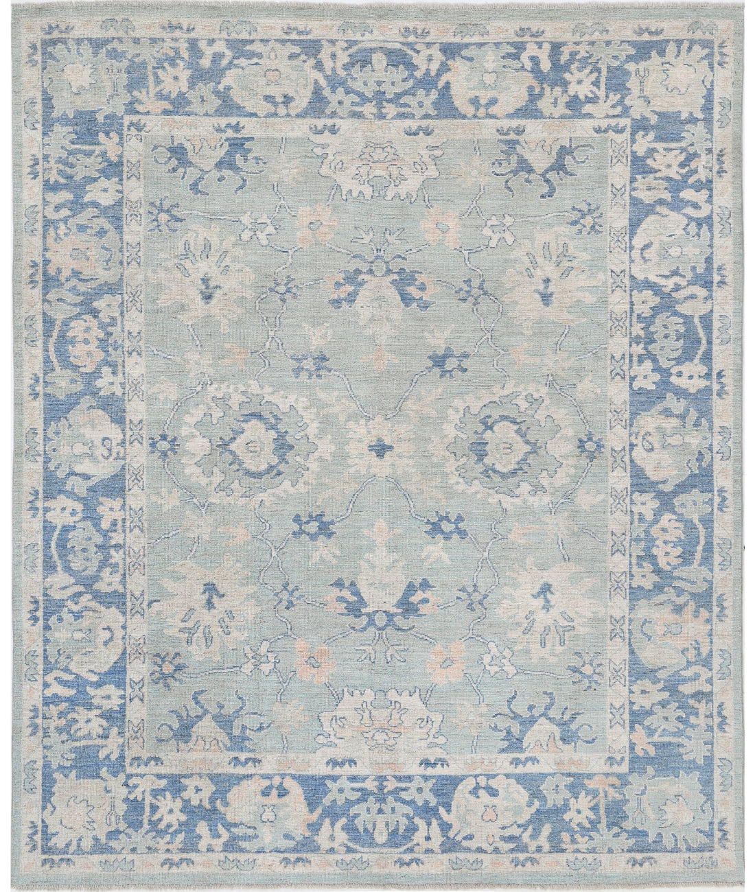 Hand Knotted Oushak Wool Rug - 8'2'' x 9'10'' 8'2'' x 9'10'' (245 X 295) / Green / Blue
