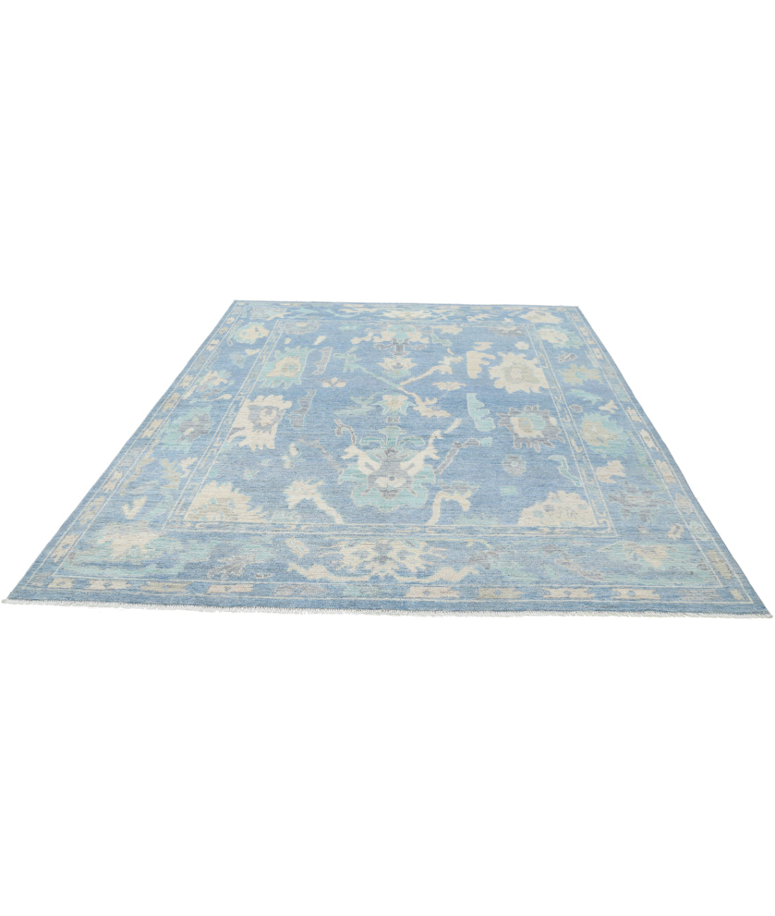 Hand Knotted Oushak Wool Rug - 8'0'' x 10'0'' 8'0'' x 10'0'' (240 X 300) / Blue / Ivory