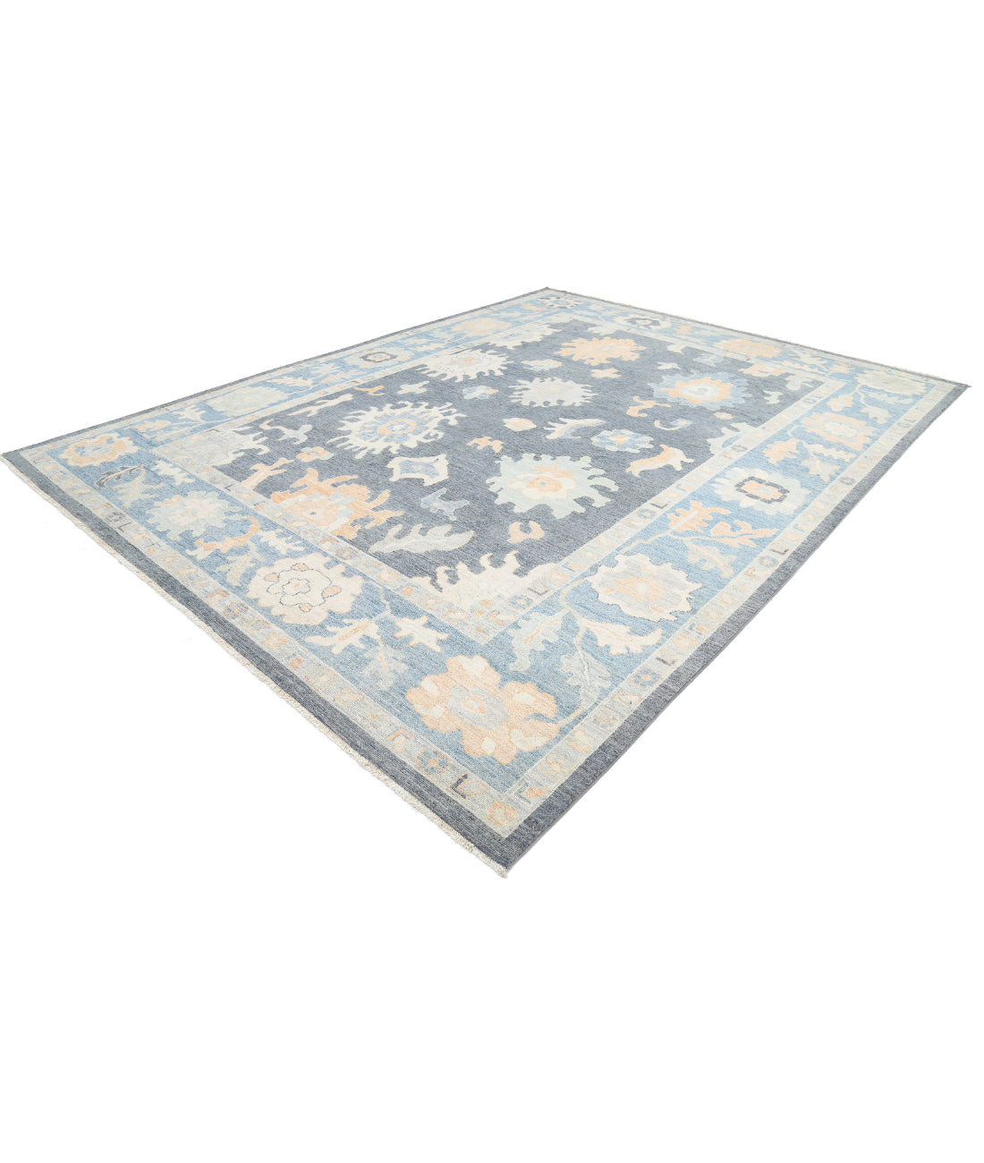 Hand Knotted Oushak Wool Rug - 10'2'' x 13'8'' 10'2'' x 13'8'' (305 X 410) / Grey / Blue