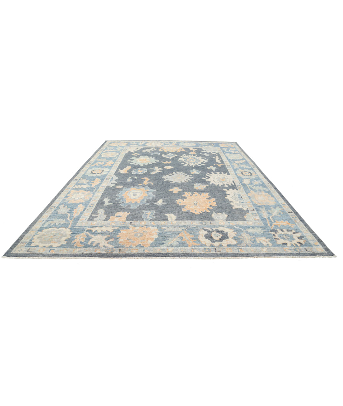 Hand Knotted Oushak Wool Rug - 10'2'' x 13'8'' 10'2'' x 13'8'' (305 X 410) / Grey / Blue