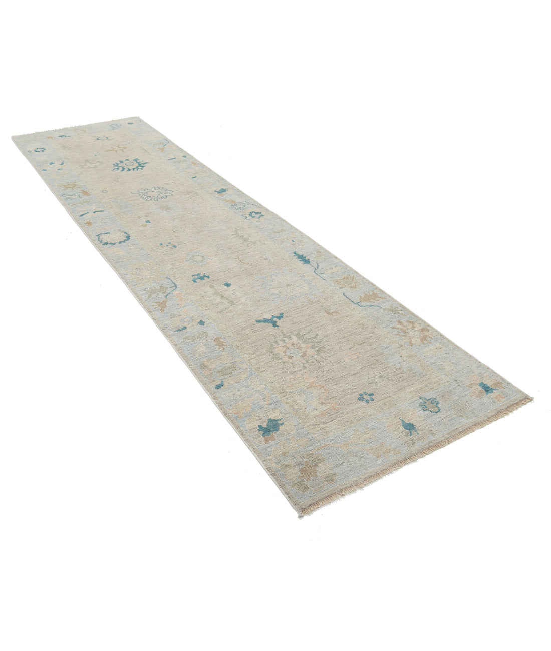 Hand Knotted Oushak Wool Rug - 3'1'' x 11'7'' 3'1'' x 11'7'' (93 X 348) / Taupe / Blue