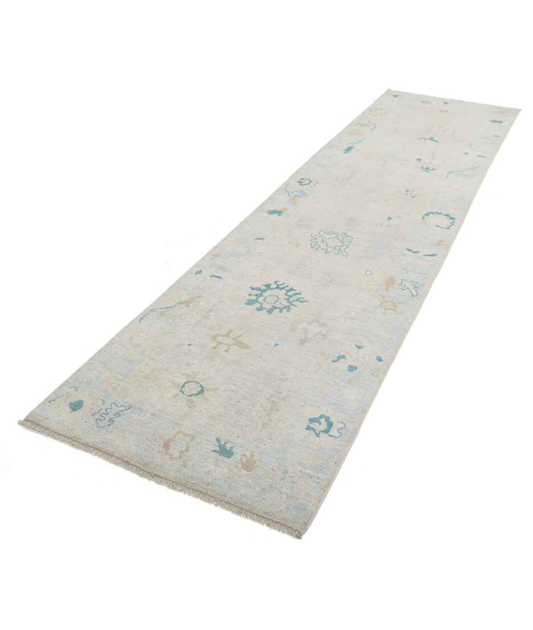 Hand Knotted Oushak Wool Rug - 3'1'' x 11'7'' 3'1'' x 11'7'' (93 X 348) / Taupe / Blue