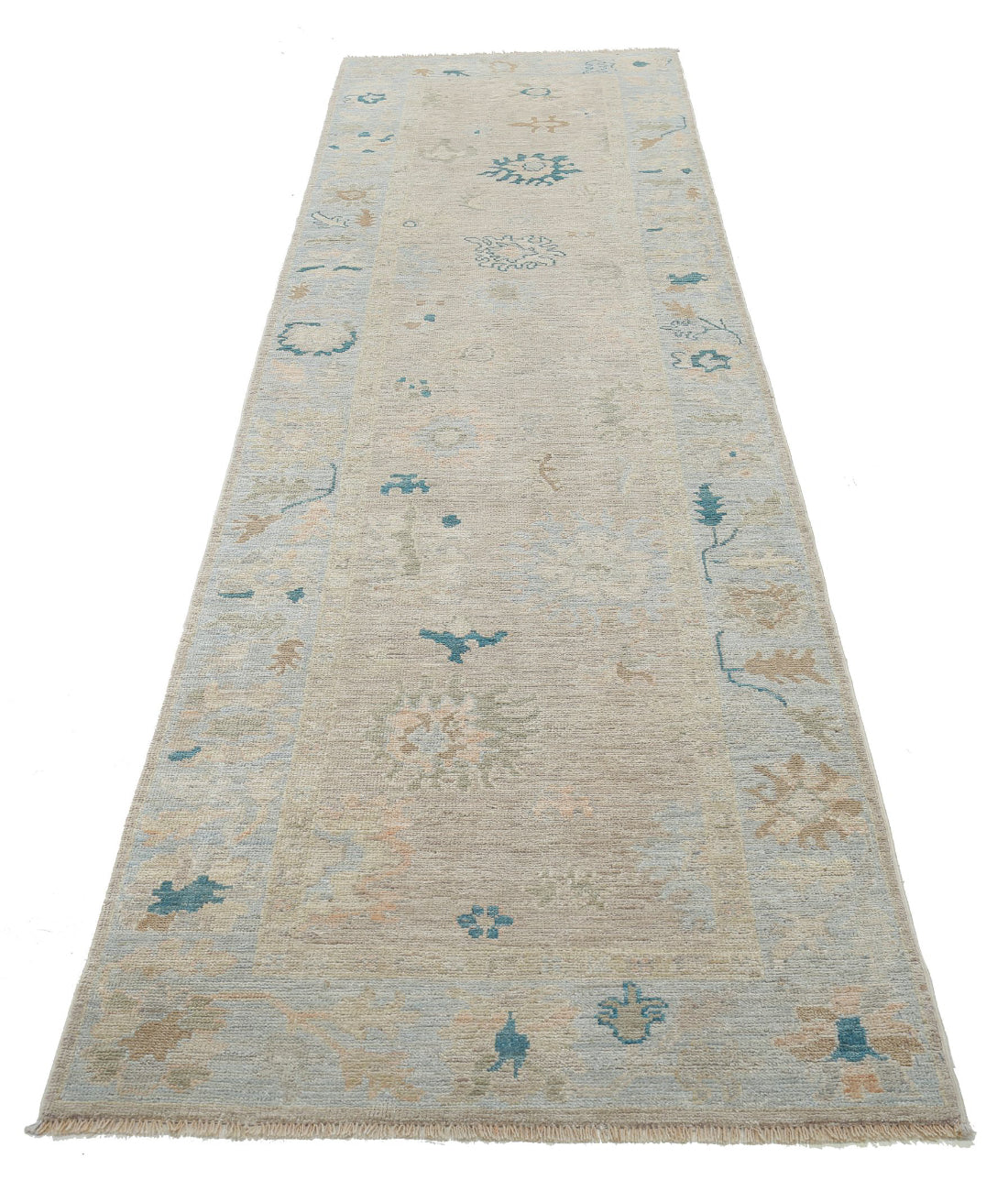 Hand Knotted Oushak Wool Rug - 3'1'' x 11'7'' 3'1'' x 11'7'' (93 X 348) / Taupe / Blue