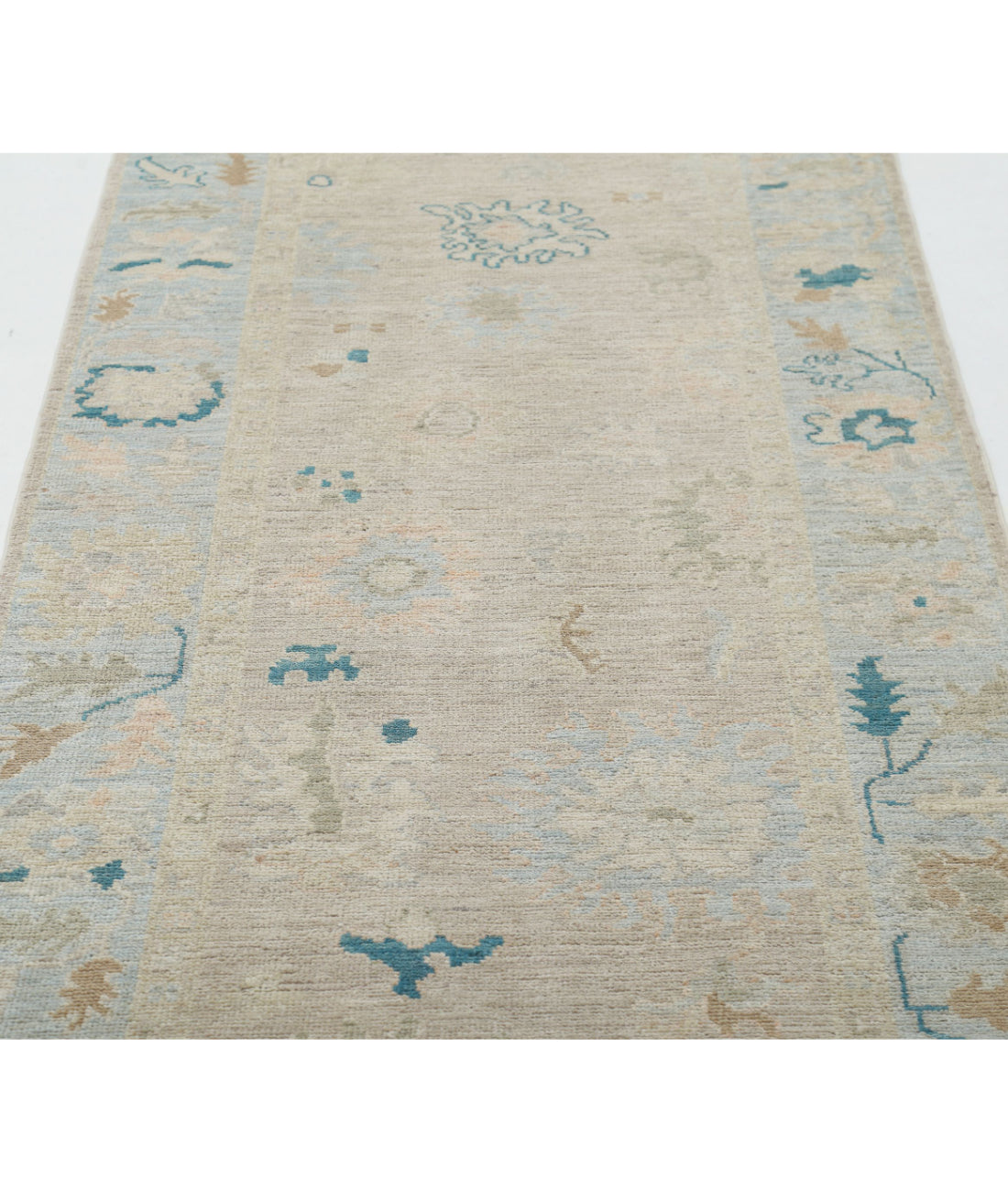 Hand Knotted Oushak Wool Rug - 3'1'' x 11'7'' 3'1'' x 11'7'' (93 X 348) / Taupe / Blue