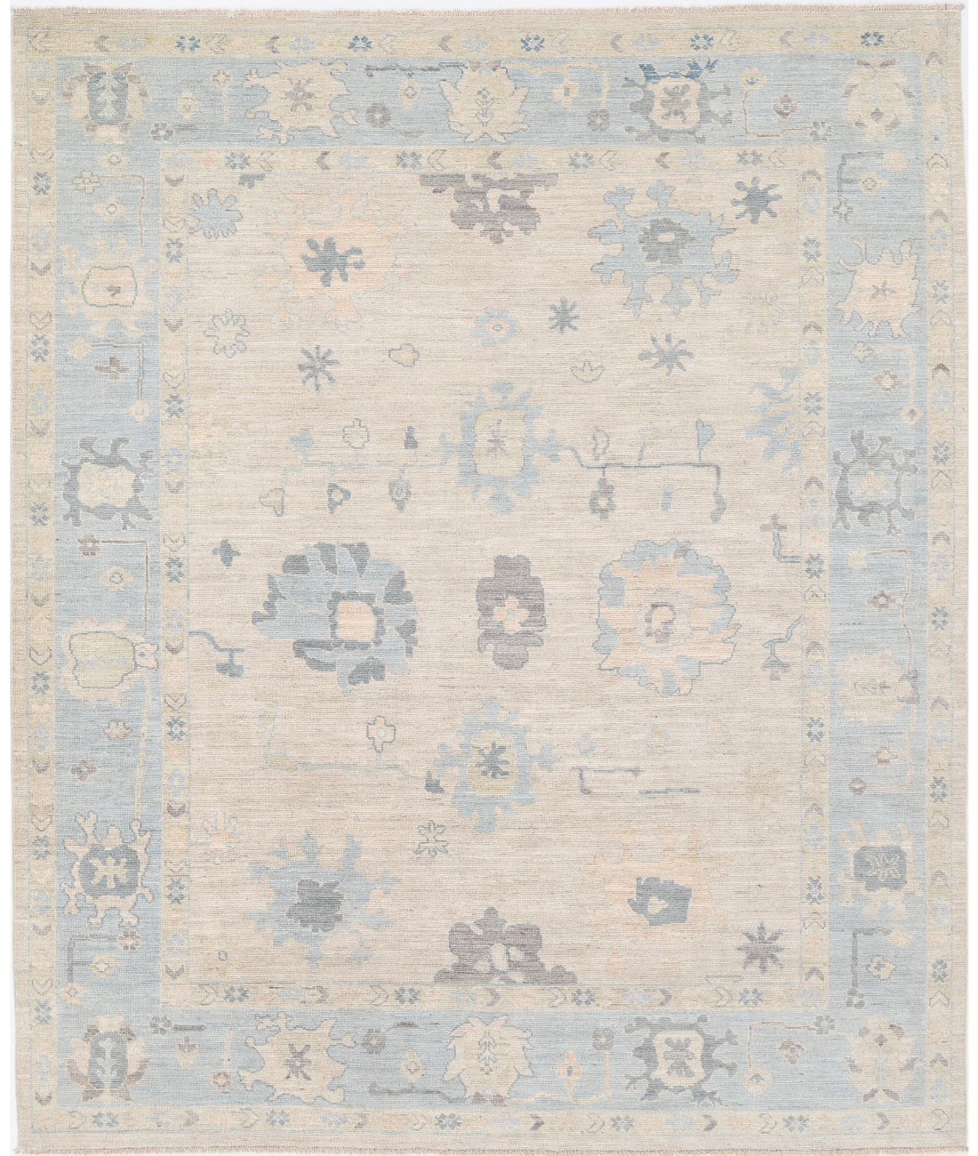 Hand Knotted Oushak Wool Rug - 8'2'' x 9'8'' 8'2'' x 9'8'' (245 X 290) / Taupe / Blue