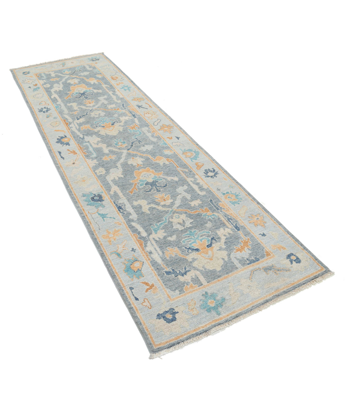 Hand Knotted Oushak Wool Rug - 2'10'' x 9'4'' 2'10'' x 9'4'' (85 X 280) / Grey / Blue