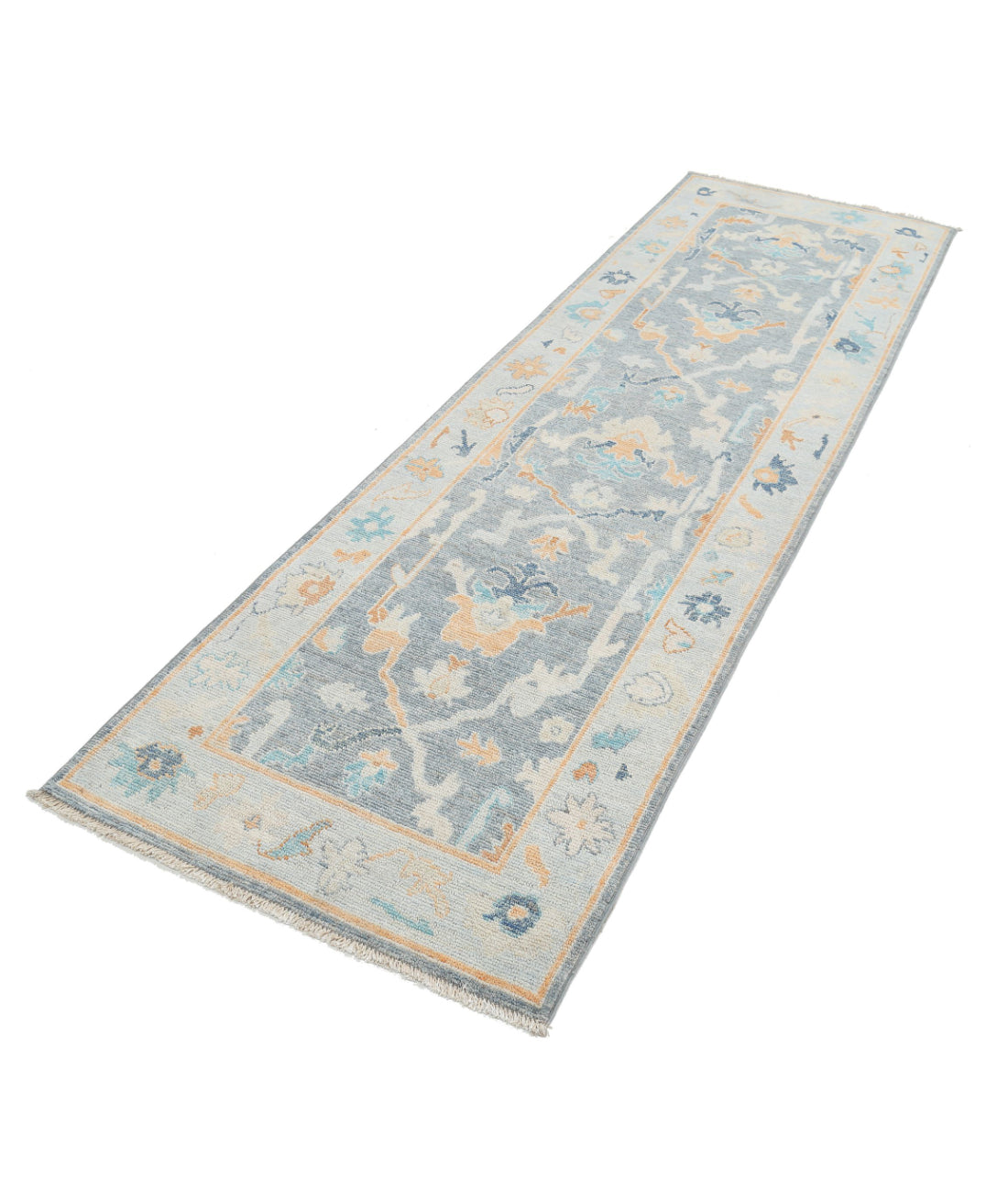 Hand Knotted Oushak Wool Rug - 2'10'' x 9'4'' 2'10'' x 9'4'' (85 X 280) / Grey / Blue