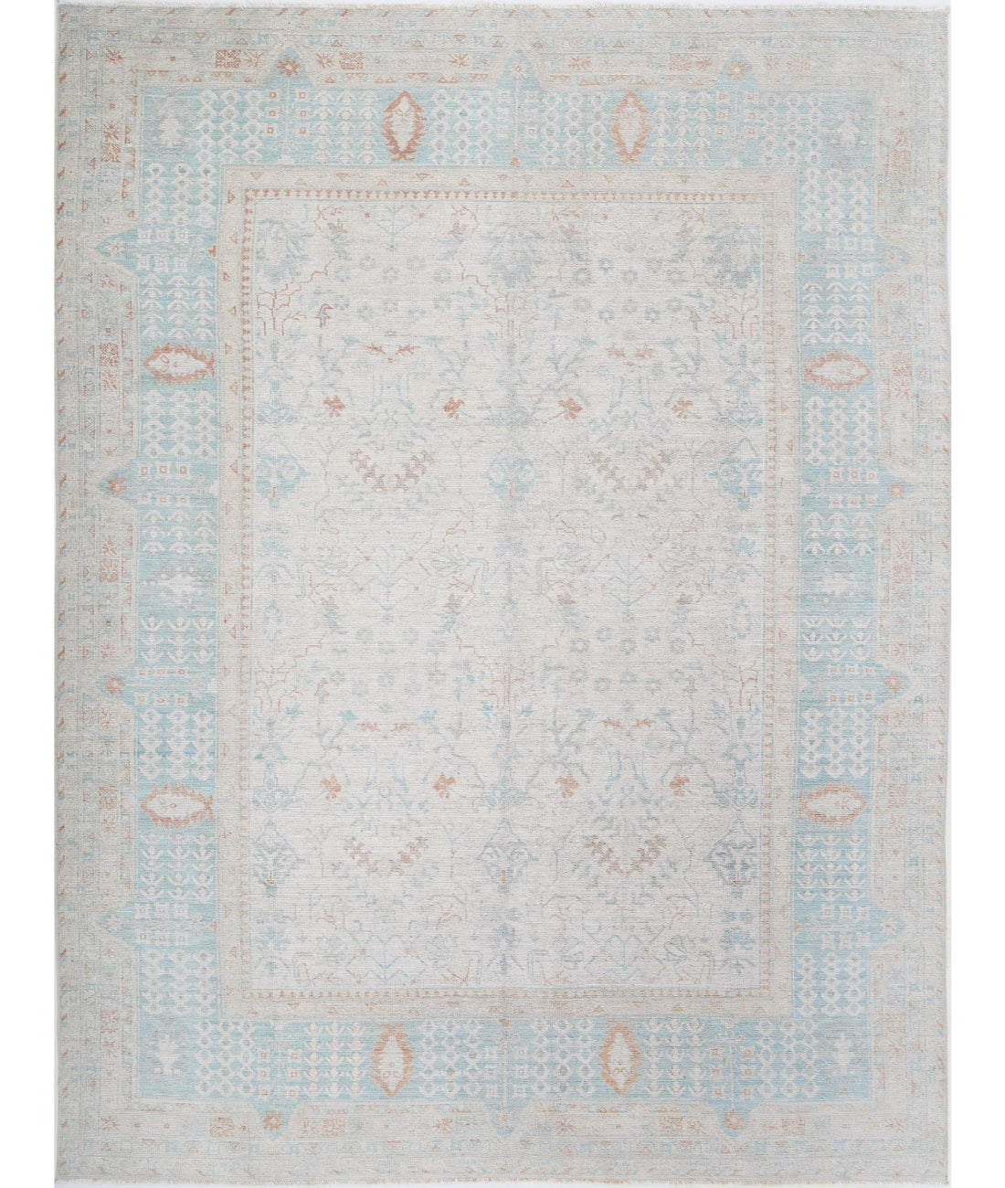 Hand Knotted Oushak Wool Rug - 9'1'' x 12'2''