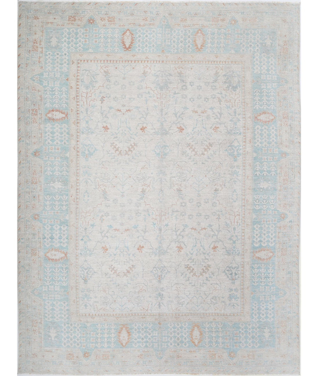Hand Knotted Oushak Wool Rug - 9'1'' x 12'2'' 9'1'' x 12'2'' (273 X 365) / Ivory / Green