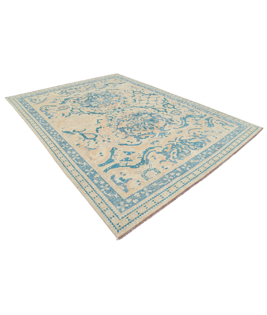 Hand Knotted Oushak Wool Rug - 8'9'' x 11'7'' 8'9'' x 11'7'' (263 X 348) / Beige / Blue