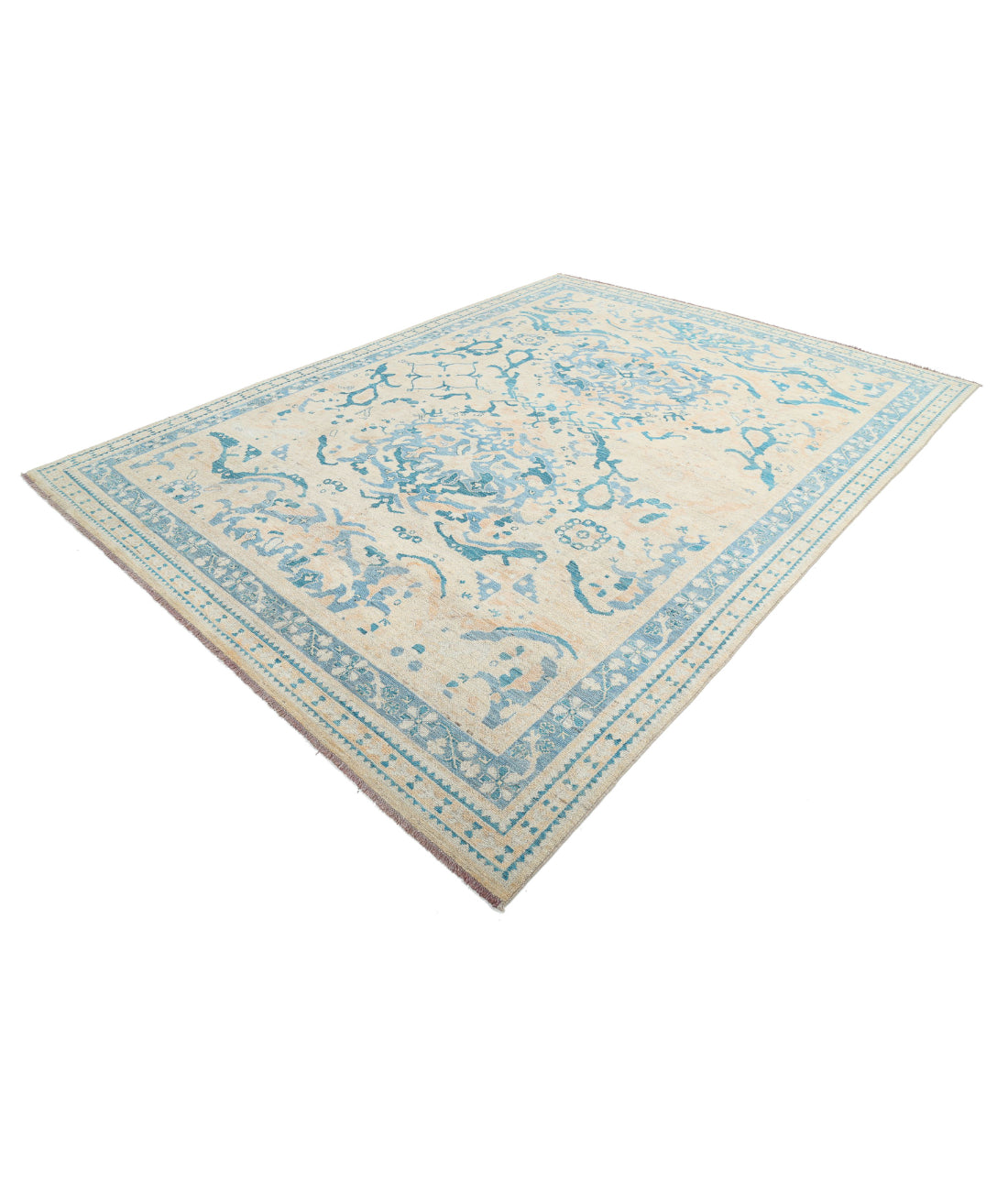 Hand Knotted Oushak Wool Rug - 8'9'' x 11'7'' 8'9'' x 11'7'' (263 X 348) / Beige / Blue
