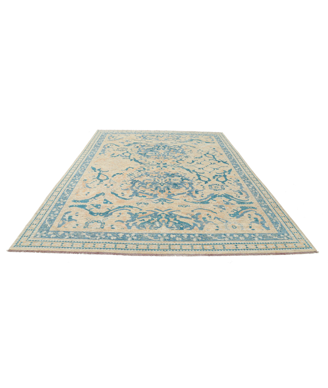 Hand Knotted Oushak Wool Rug - 8'9'' x 11'7'' 8'9'' x 11'7'' (263 X 348) / Beige / Blue