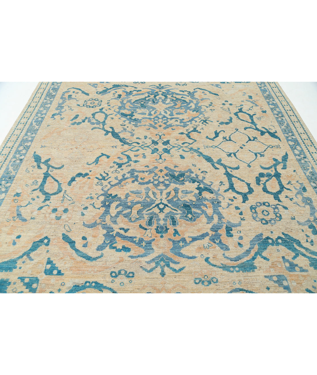 Hand Knotted Oushak Wool Rug - 8'9'' x 11'7'' 8'9'' x 11'7'' (263 X 348) / Beige / Blue