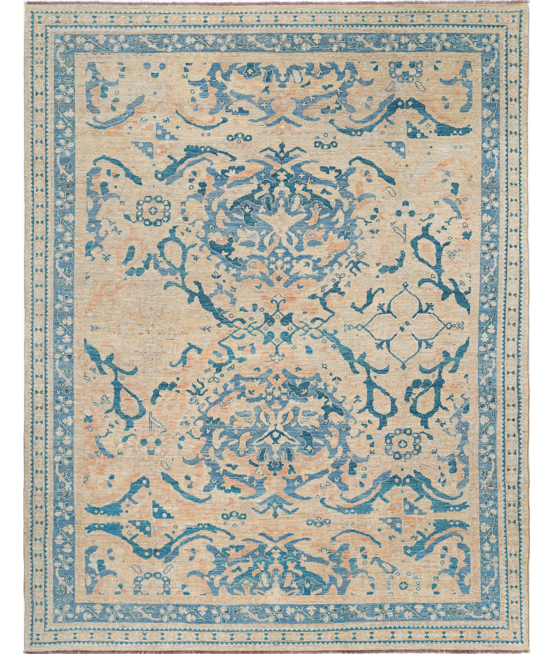 Hand Knotted Oushak Wool Rug - 8'9'' x 11'7'' 8'9'' x 11'7'' (263 X 348) / Beige / Blue