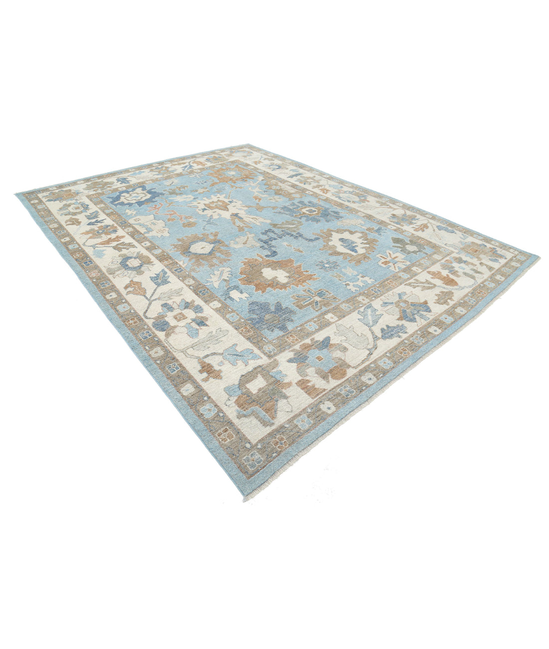 Hand Knotted Oushak Wool Rug - 9'0'' x 11'10'' 9'0'' x 11'10'' (270 X 355) / Blue / Ivory