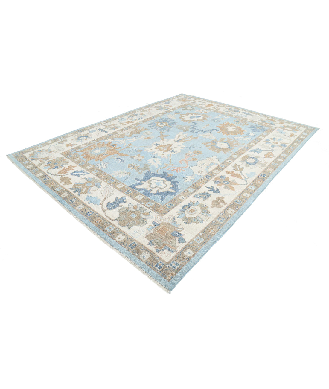 Hand Knotted Oushak Wool Rug - 9'0'' x 11'10'' 9'0'' x 11'10'' (270 X 355) / Blue / Ivory