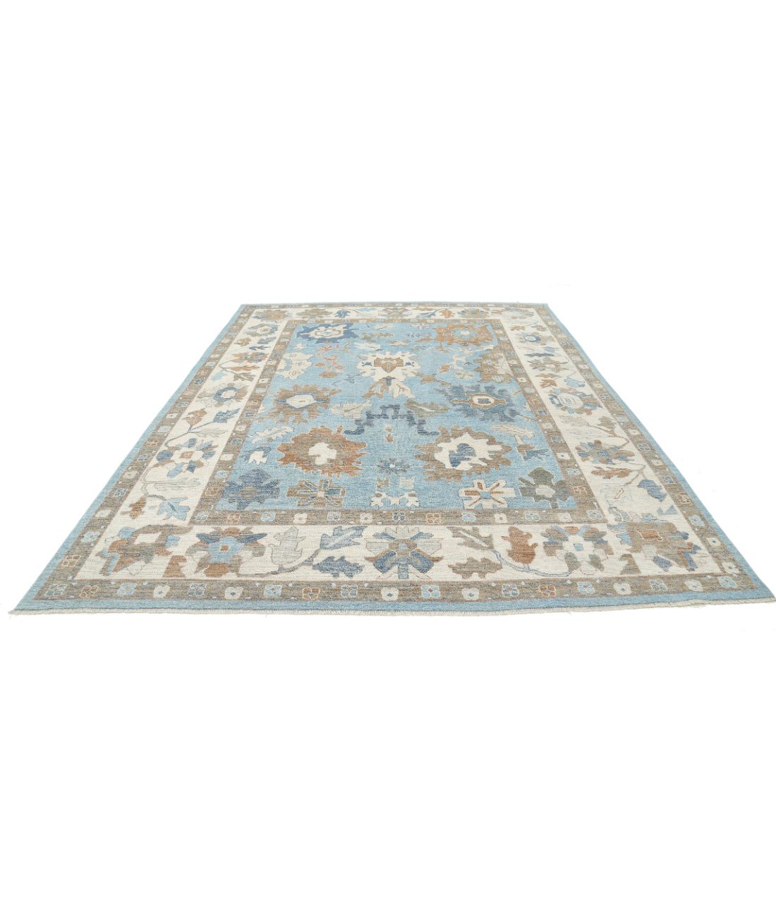 Hand Knotted Oushak Wool Rug - 9'0'' x 11'10'' 9'0'' x 11'10'' (270 X 355) / Blue / Ivory