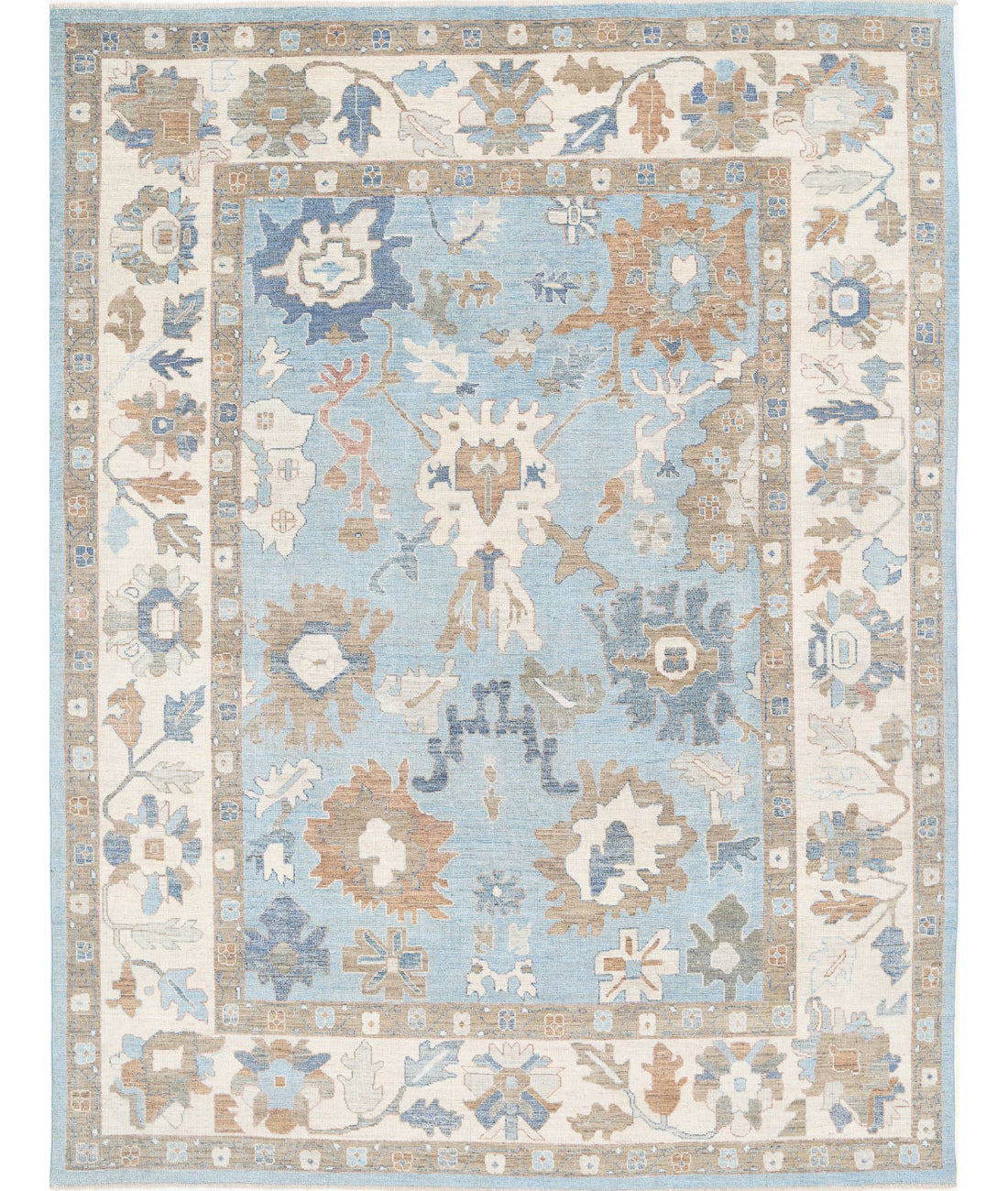 Hand Knotted Oushak Wool Rug - 9'0'' x 11'10'' 9'0'' x 11'10'' (270 X 355) / Blue / Ivory