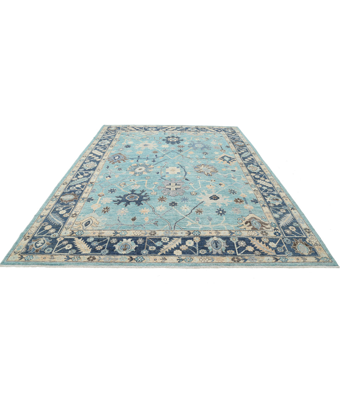 Hand Knotted Oushak Wool Rug - 8'11'' x 12'1'' 8'11'' x 12'1'' (268 X 363) / Green / Blue