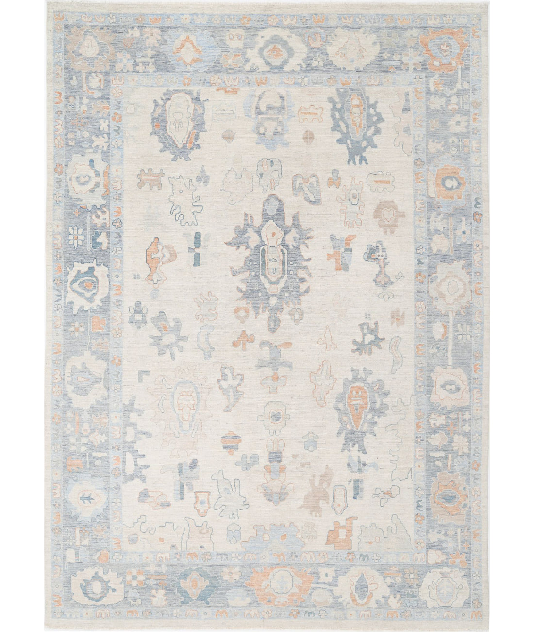 Hand Knotted Oushak Wool Rug - 9'10'' x 13'8'' 9'10'' x 13'8'' (295 X 410) / Ivory / Grey