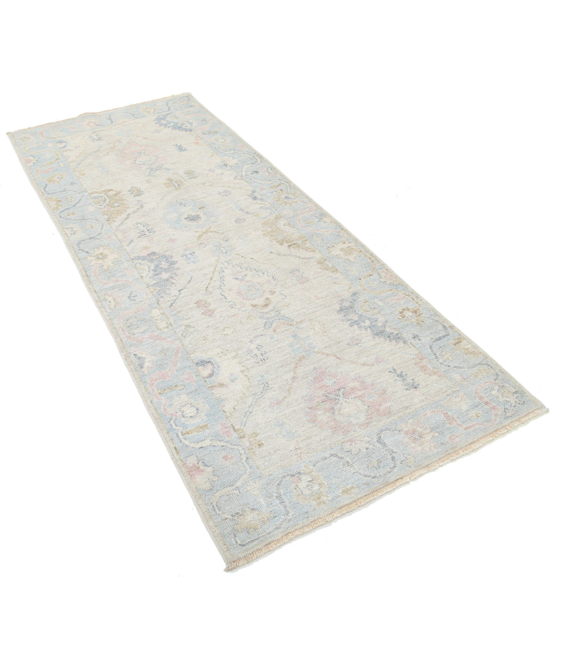 Hand Knotted Oushak Wool Rug - 3'2'' x 8'1'' 3'2'' x 8'1'' (95 X 243) / Ivory / Blue