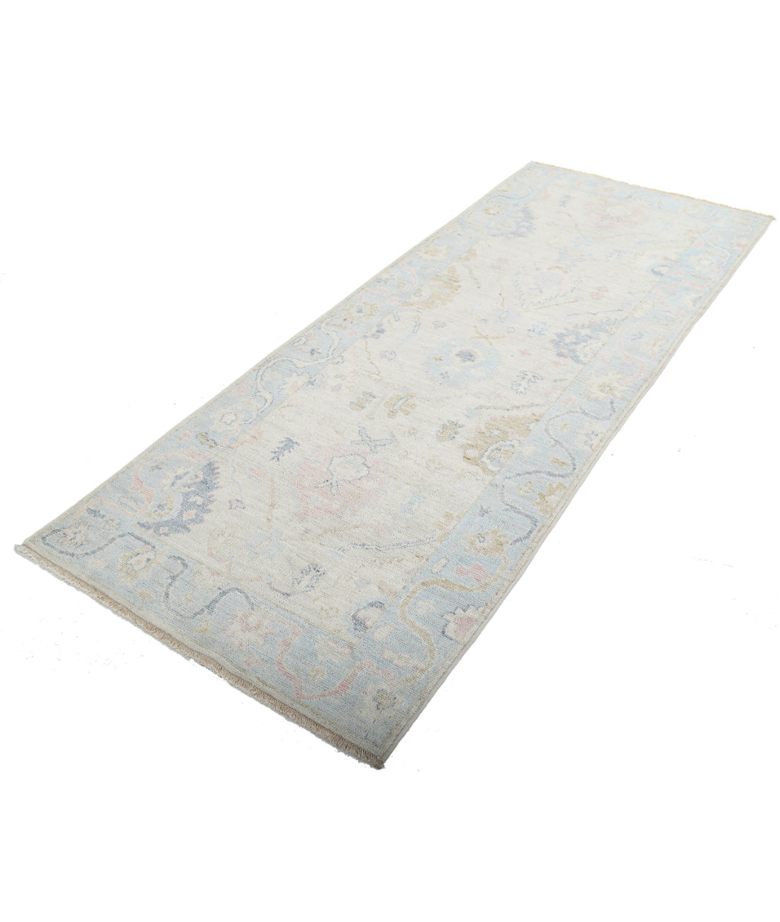 Hand Knotted Oushak Wool Rug - 3'2'' x 8'1'' 3'2'' x 8'1'' (95 X 243) / Ivory / Blue