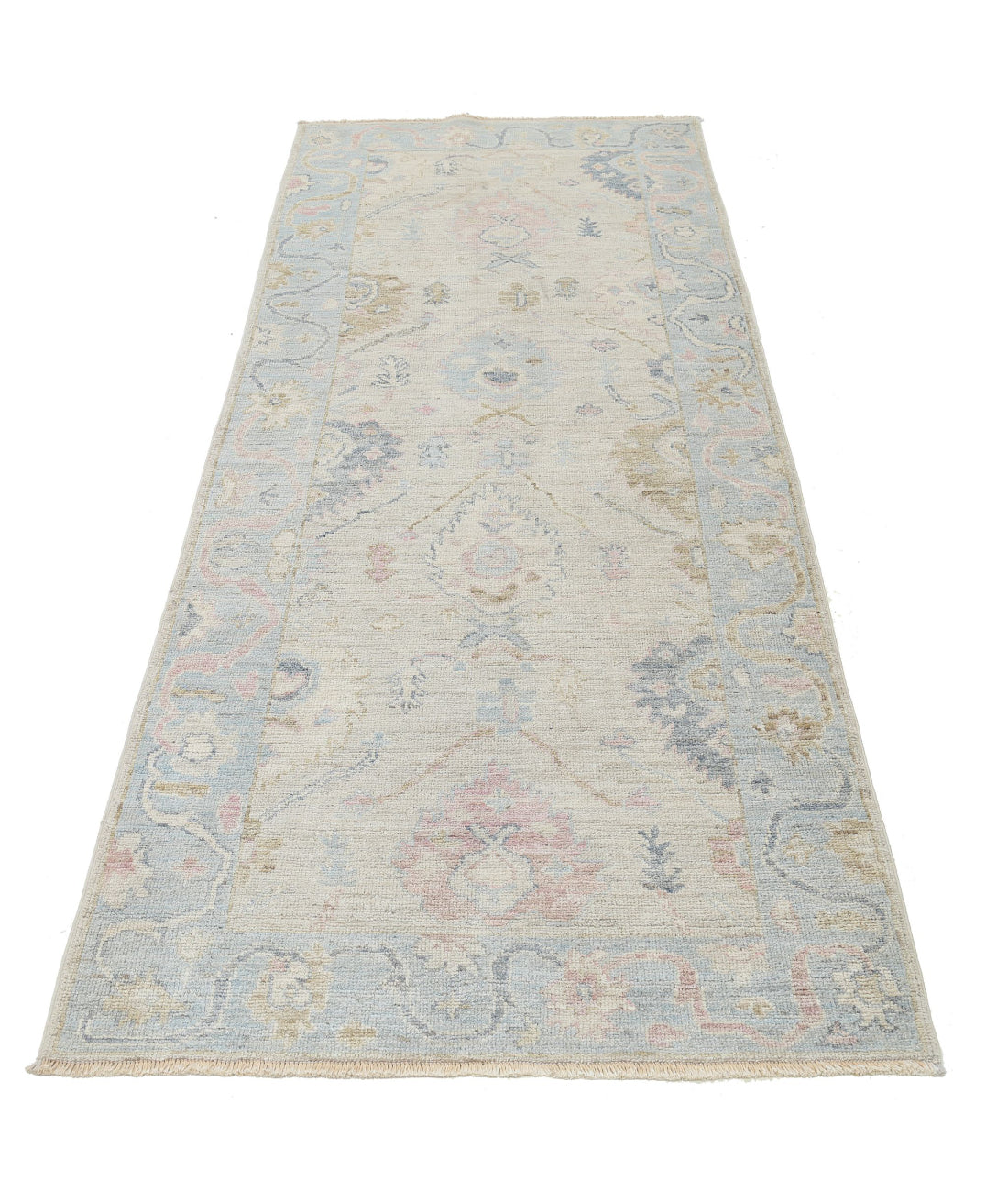 Hand Knotted Oushak Wool Rug - 3'2'' x 8'1'' 3'2'' x 8'1'' (95 X 243) / Ivory / Blue