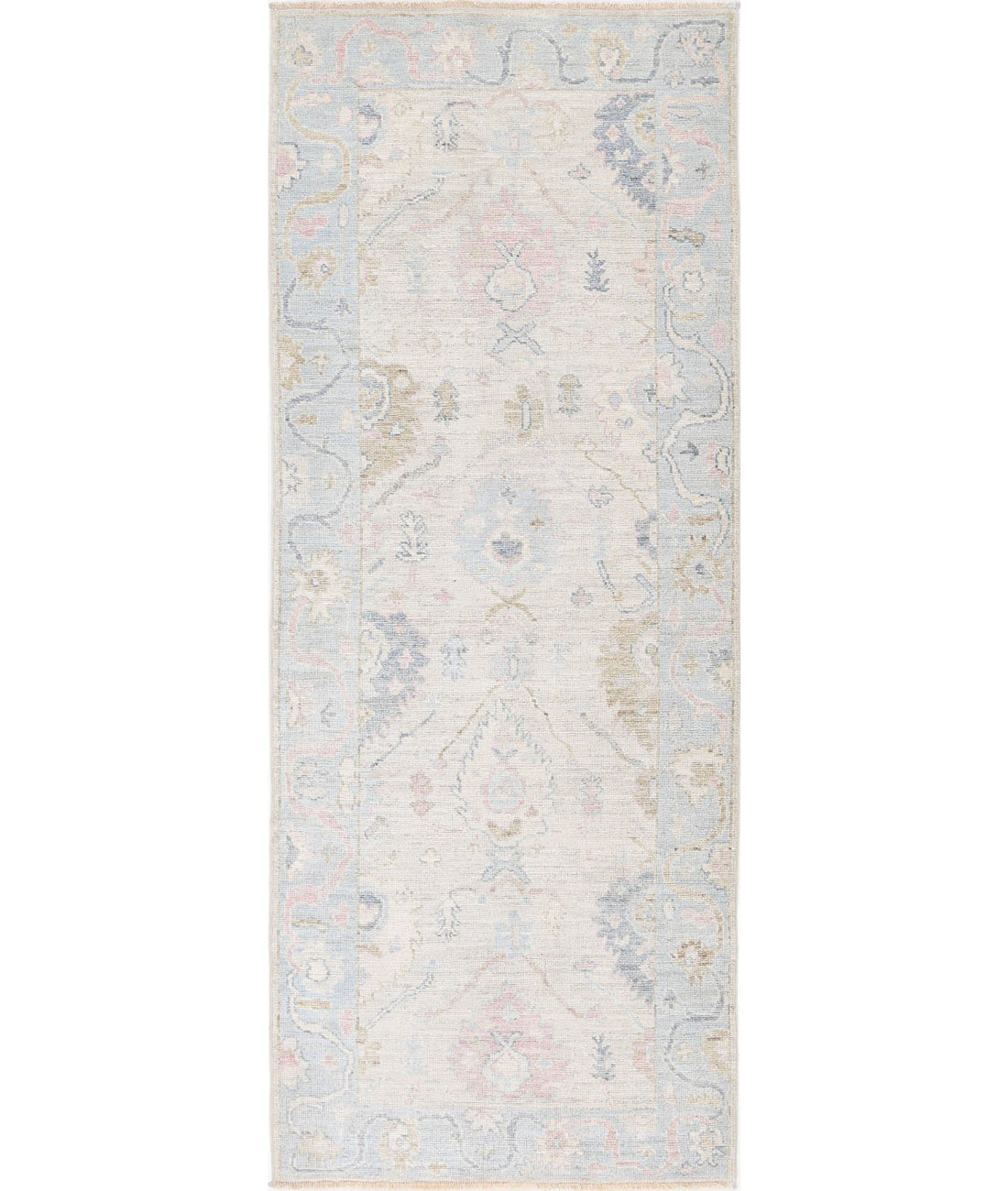 Hand Knotted Oushak Wool Rug - 3'2'' x 8'1'' 3'2'' x 8'1'' (95 X 243) / Ivory / Blue