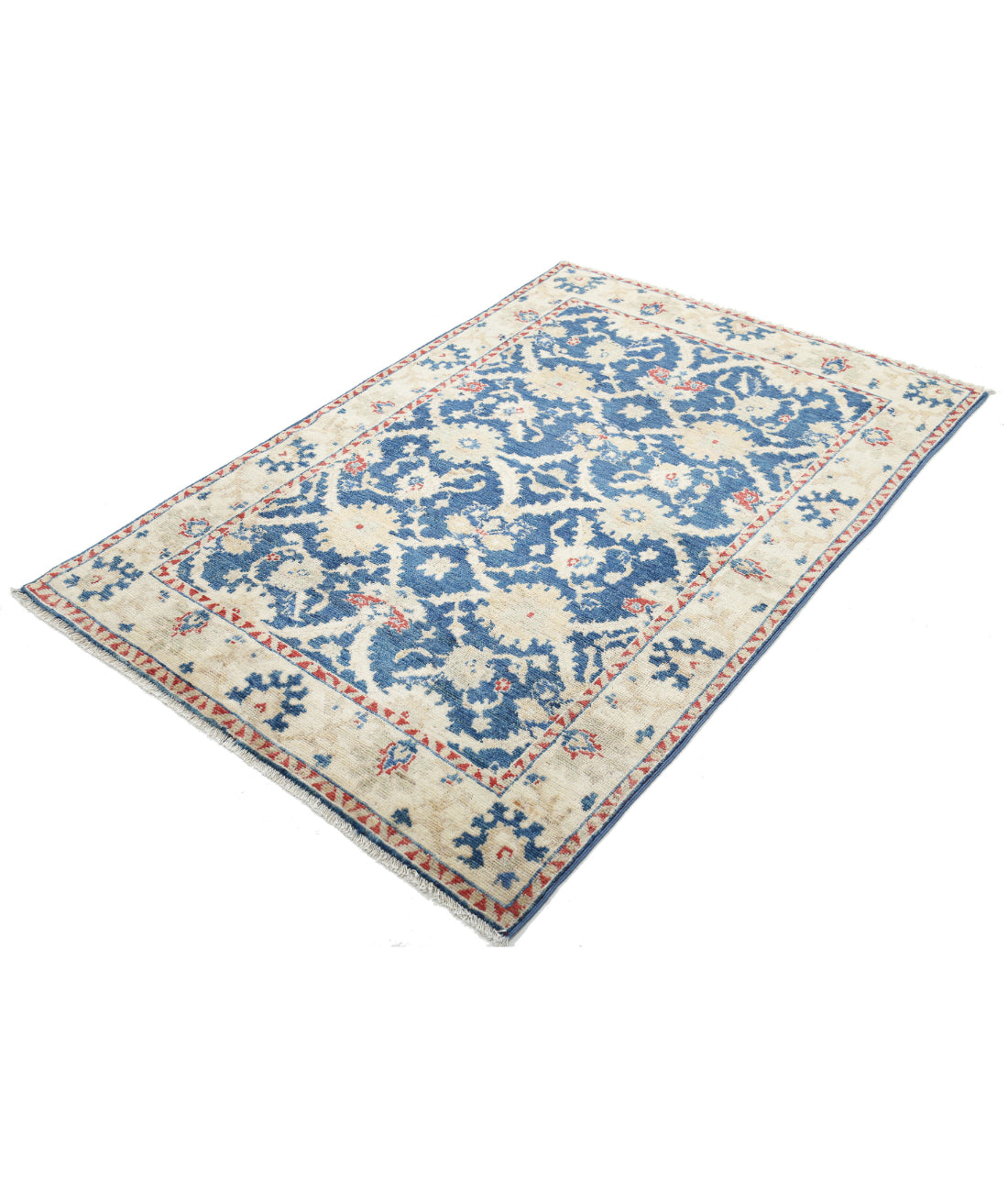 Hand Knotted Oushak Wool Rug - 4'1'' x 5'10'' 4'1'' x 5'10'' (123 X 175) / Blue / Ivory