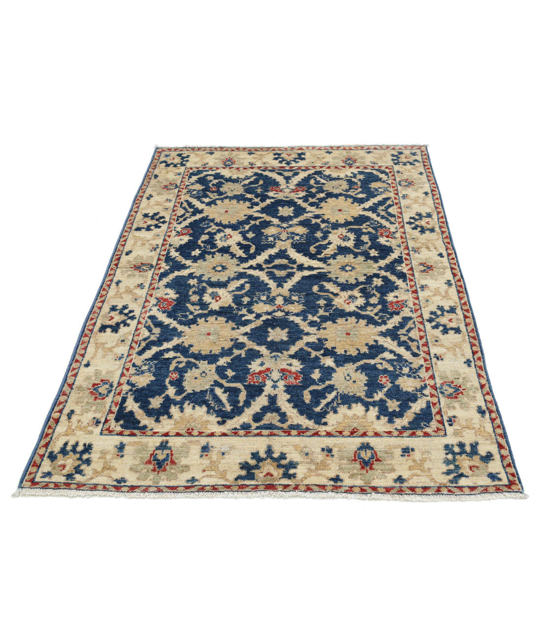 Hand Knotted Oushak Wool Rug - 4'1'' x 5'10'' 4'1'' x 5'10'' (123 X 175) / Blue / Ivory