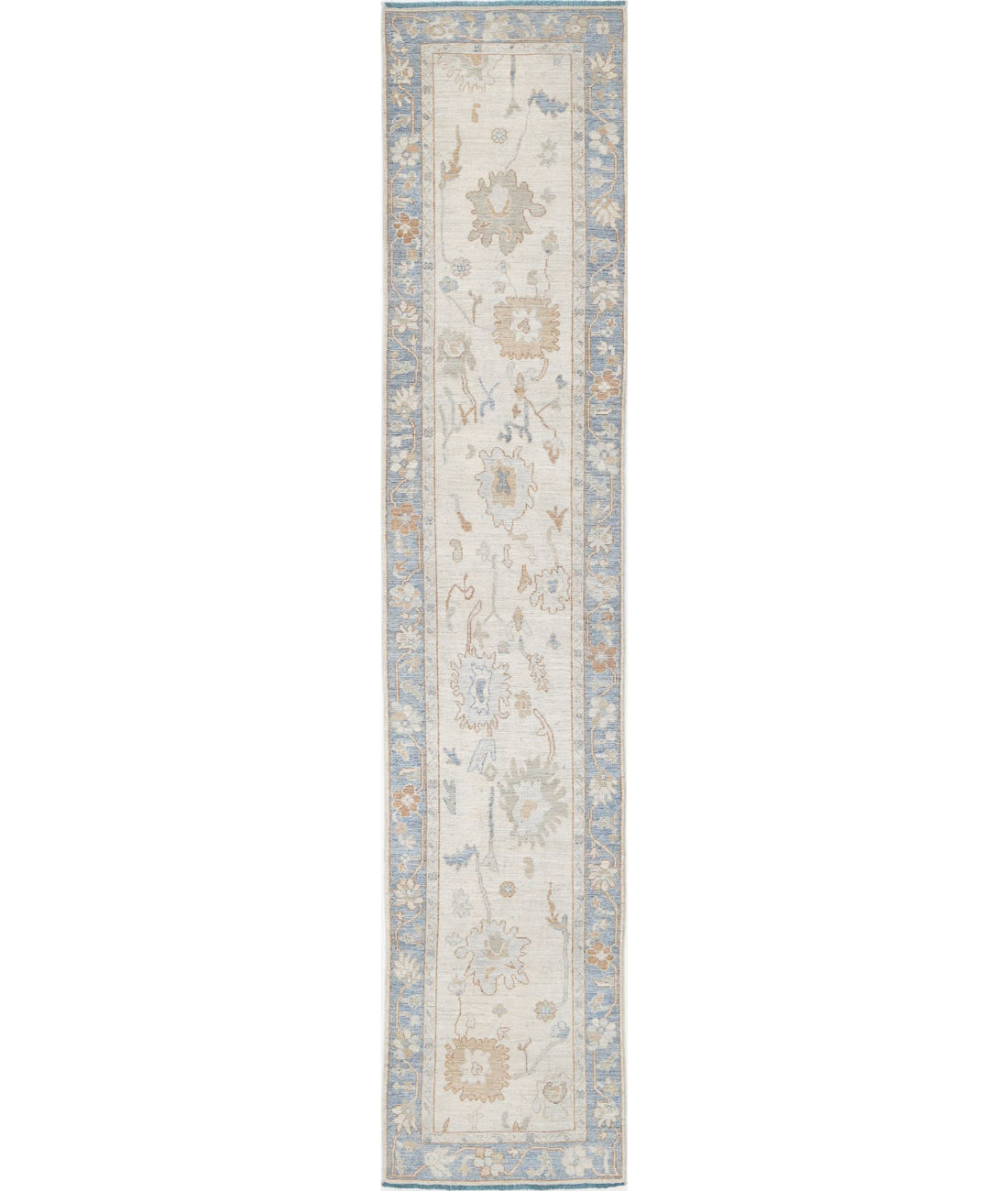 Hand Knotted Oushak Wool Rug - 2'9'' x 13'6'' 2'9'' x 13'6'' (83 X 405) / Ivory / Blue