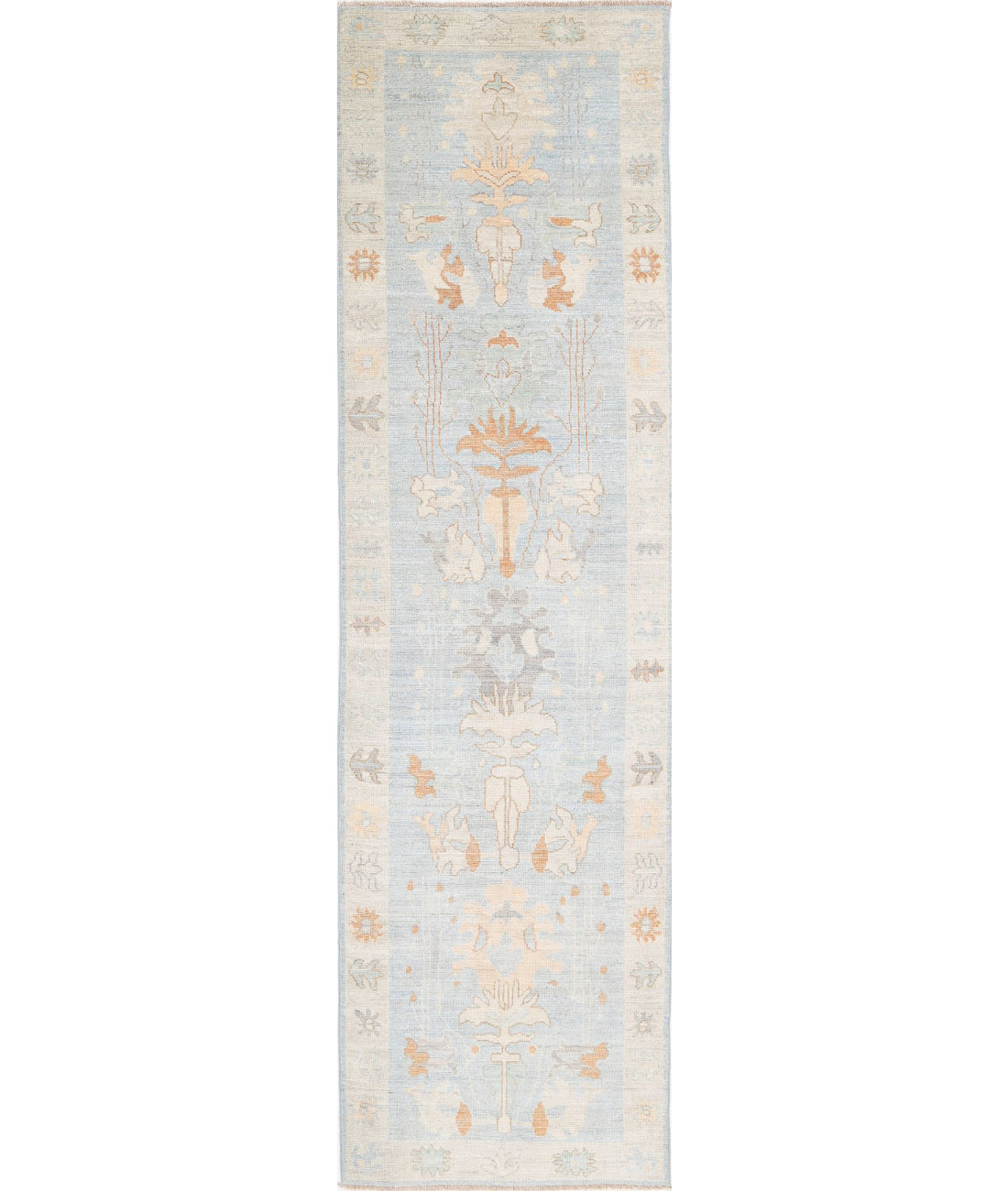 Hand Knotted Oushak Wool Rug - 3'1'' x 11'6'' 3'1'' x 11'6'' (93 X 345) / Blue / Silver