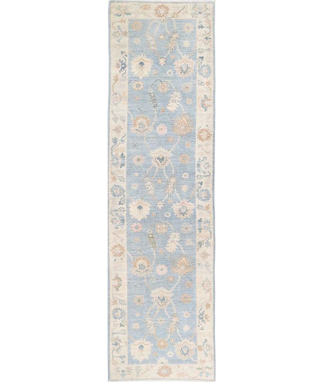 Hand Knotted Oushak Wool Rug - 3'1'' x 11'3'' 3'1'' x 11'3'' (93 X 338) / Blue / Ivory