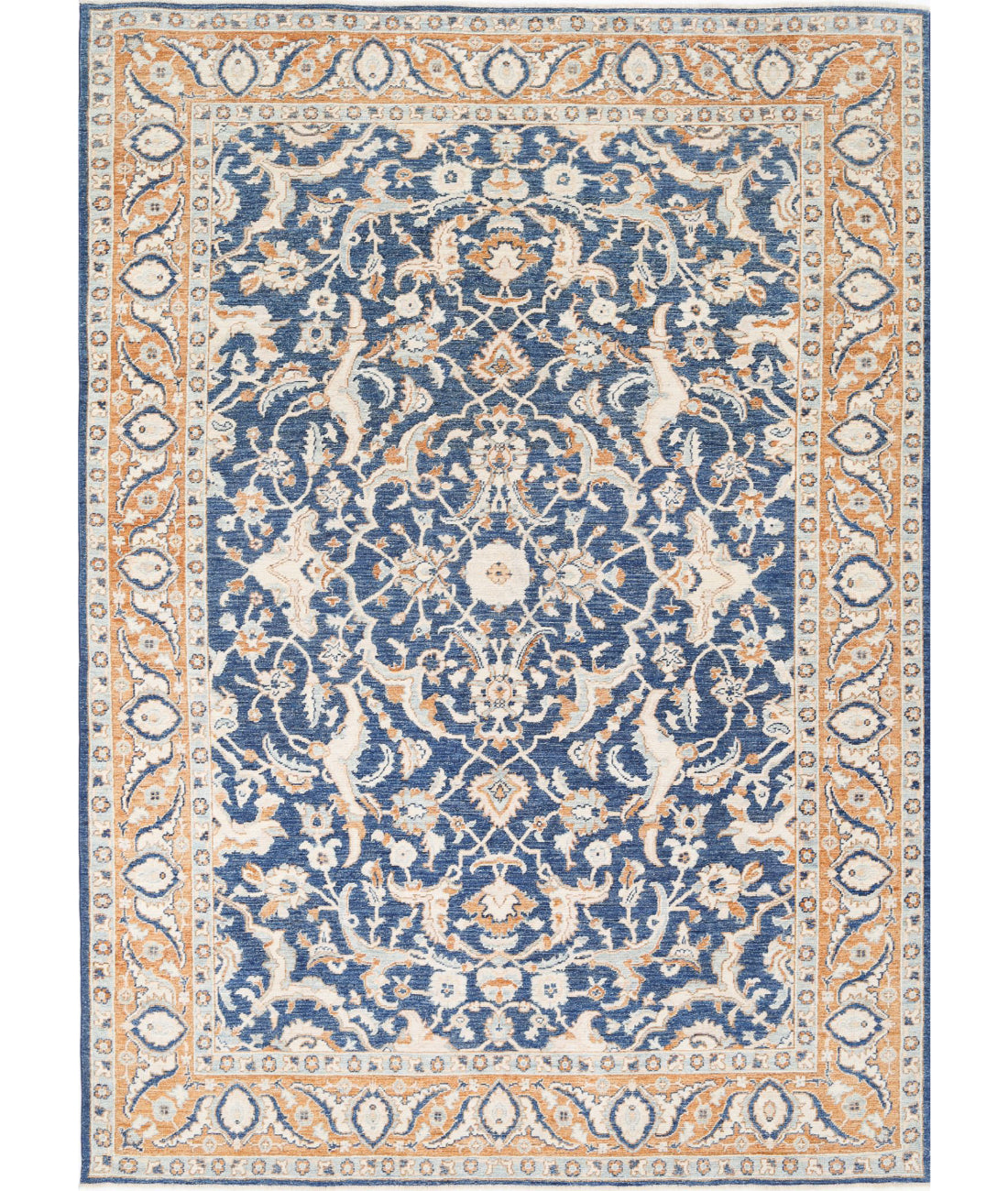 Hand Knotted Oushak Wool Rug - 9'2'' x 12'11'' 9'2'' x 12'11'' (275 X 388) / Blue / Rust