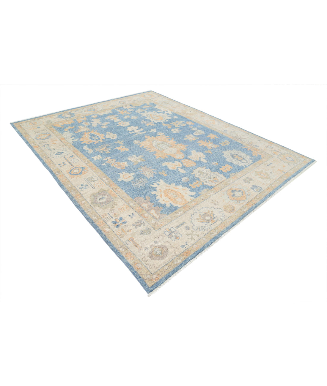 Hand Knotted Oushak Wool Rug - 7'11'' x 9'10'' 7'11'' x 9'10'' (238 X 295) / Blue / Ivory