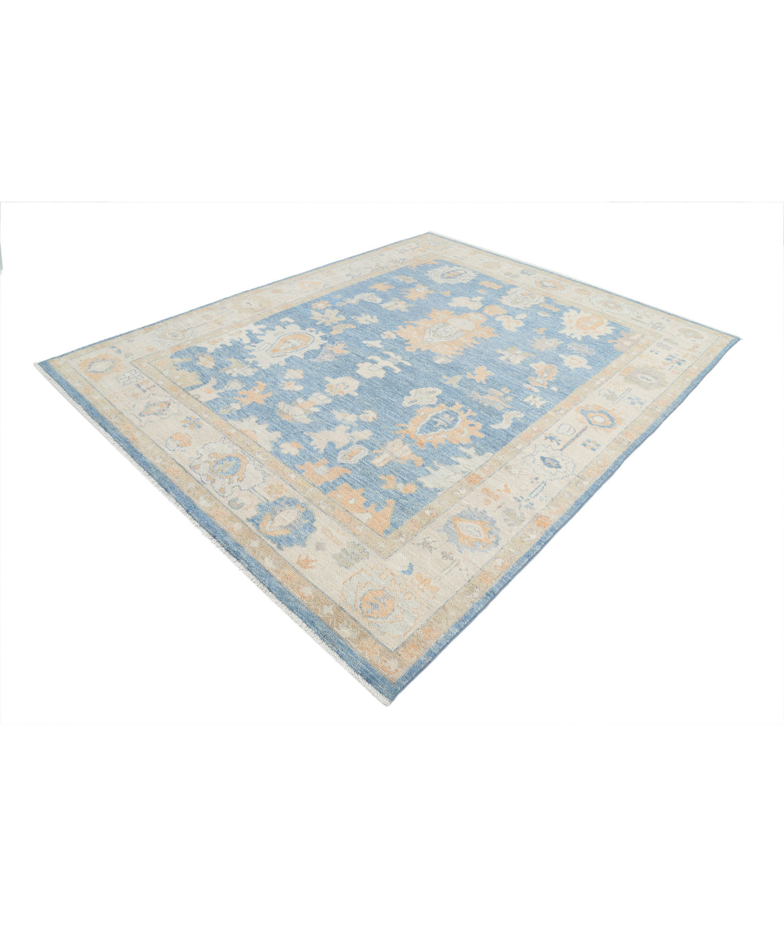 Hand Knotted Oushak Wool Rug - 7'11'' x 9'10'' 7'11'' x 9'10'' (238 X 295) / Blue / Ivory