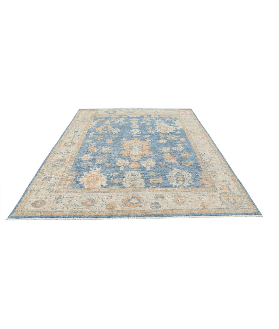 Hand Knotted Oushak Wool Rug - 7'11'' x 9'10'' 7'11'' x 9'10'' (238 X 295) / Blue / Ivory