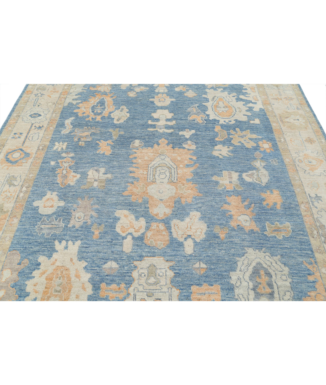 Hand Knotted Oushak Wool Rug - 7'11'' x 9'10'' 7'11'' x 9'10'' (238 X 295) / Blue / Ivory