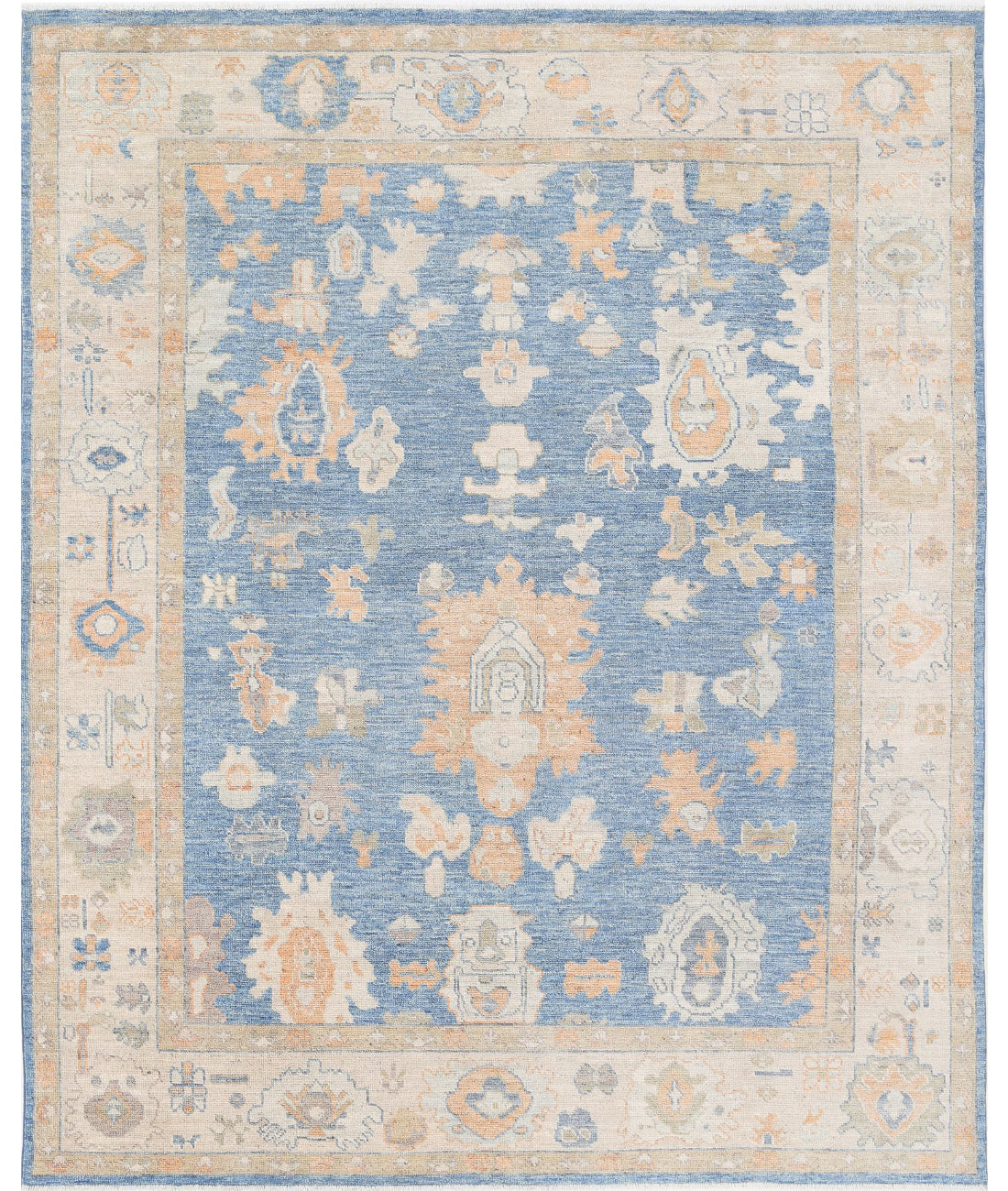 Hand Knotted Oushak Wool Rug - 7'11'' x 9'10'' 7'11'' x 9'10'' (238 X 295) / Blue / Ivory