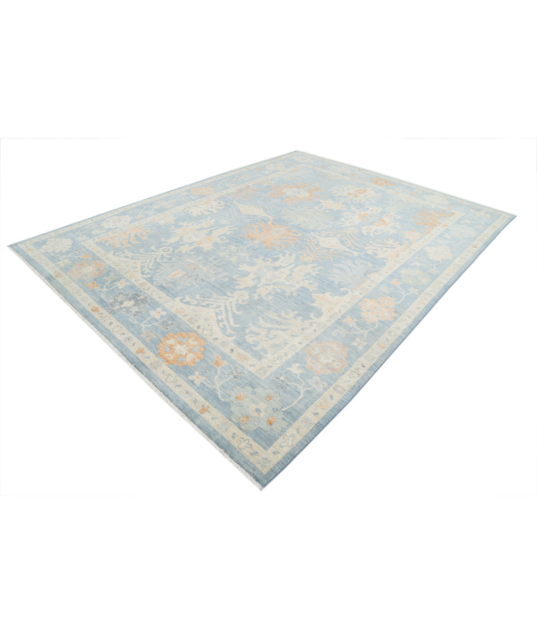 Hand Knotted Oushak Wool Rug - 8'10'' x 11'8'' 8'10'' x 11'8'' (265 X 350) / Blue / Ivory