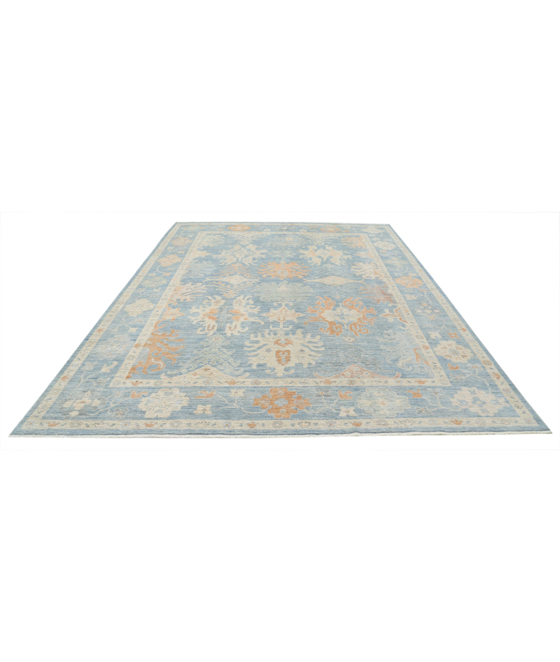 Hand Knotted Oushak Wool Rug - 8'10'' x 11'8'' 8'10'' x 11'8'' (265 X 350) / Blue / Ivory
