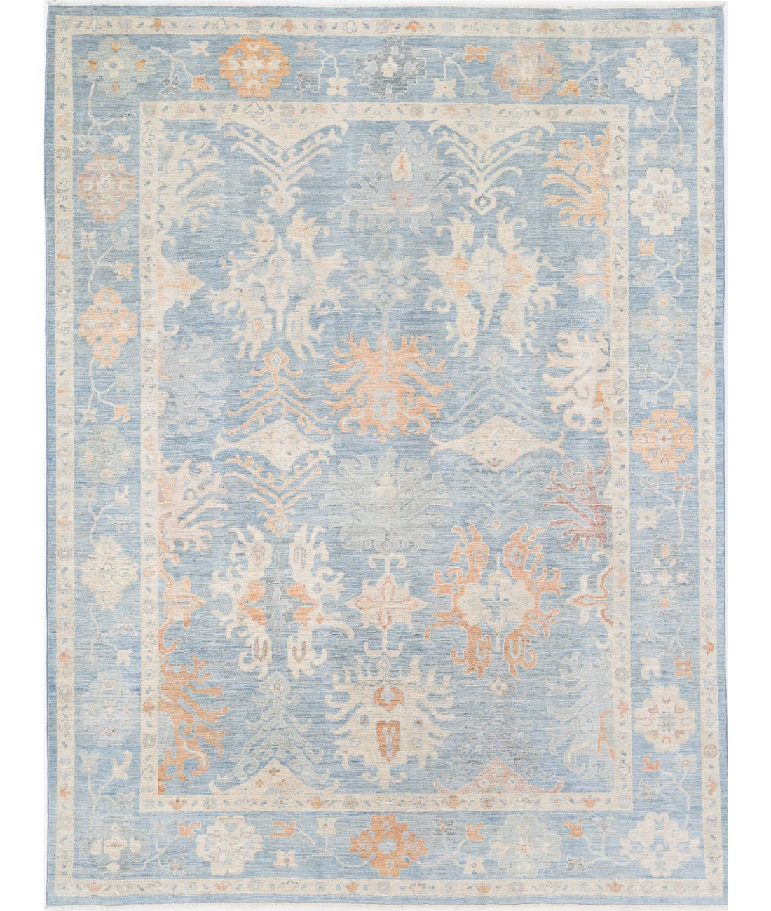 Hand Knotted Oushak Wool Rug - 8'10'' x 11'8'' 8'10'' x 11'8'' (265 X 350) / Blue / Ivory