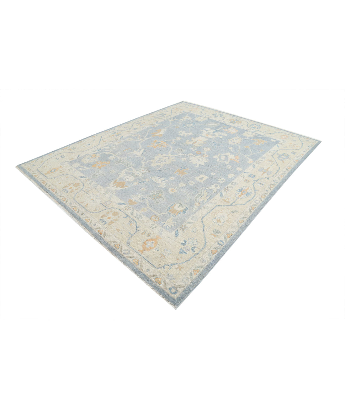 Hand Knotted Oushak Wool Rug - 8'1'' x 9'11'' 8'1'' x 9'11'' (243 X 298) / Blue / Beige
