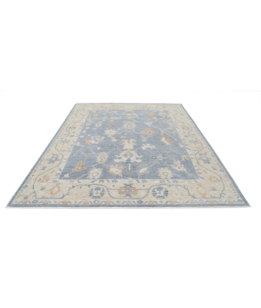 Hand Knotted Oushak Wool Rug - 8'1'' x 9'11'' 8'1'' x 9'11'' (243 X 298) / Blue / Beige